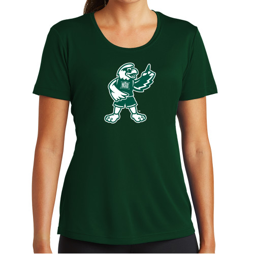  Womens Dark Green Performance Short Sleeve Tee - NSU Riverhawk Mascot One Color