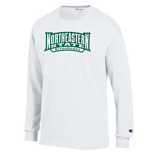  Champion White Long Sleeve T Shirt - Northeastern State RIVERHAWKS Wordmark