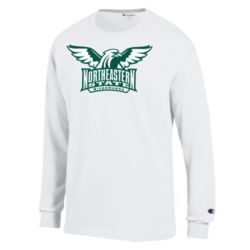  Champion White Long Sleeve T Shirt - Northeastern State RIVERHAWKS with Hawk