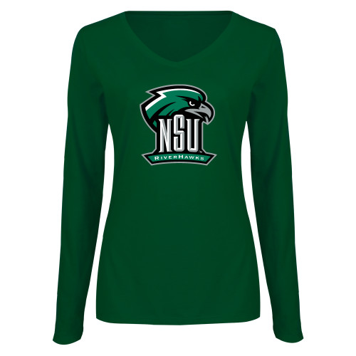  Womens Dark Green Long Sleeve V Neck Tee  - Primary Mark