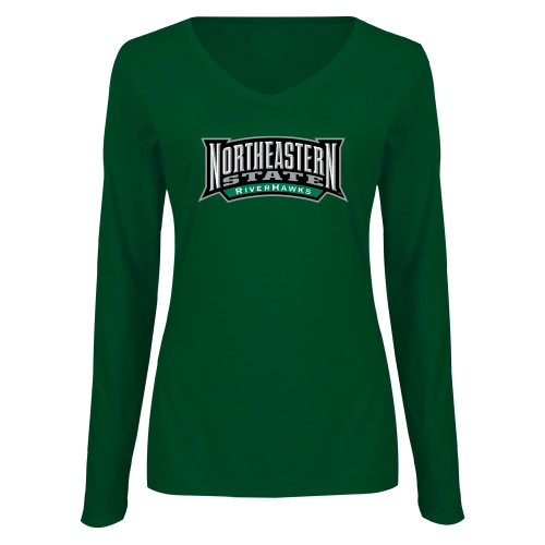  Womens Dark Green Long Sleeve V Neck Tee  - Wordmark