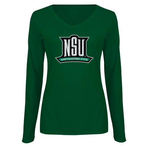  Womens Dark Green Long Sleeve V Neck Tee  - NSU Mark