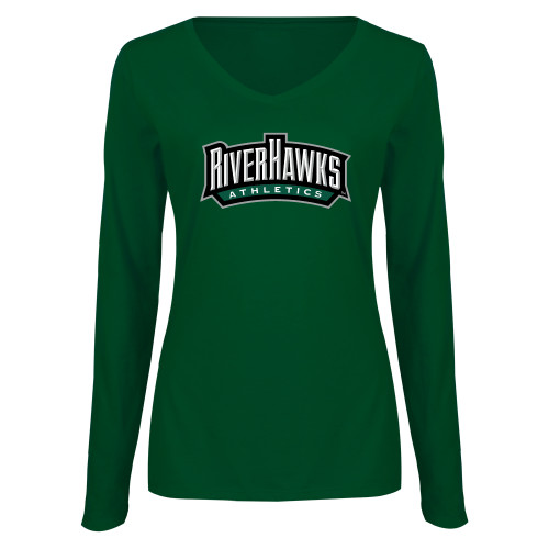 Womens Dark Green Long Sleeve V Neck Tee  - RIVERHAWKS Athletics