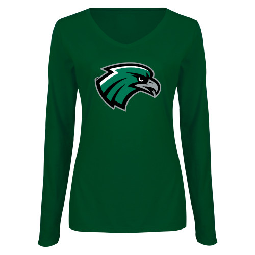  Womens Dark Green Long Sleeve V Neck Tee  - Hawk Head