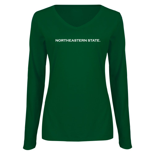  Womens Dark Green Long Sleeve V Neck Tee  - Flat Wordmark