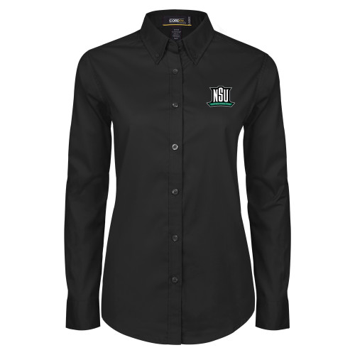  Womens Black Twill Button Down Long Sleeve  - NSU Mark