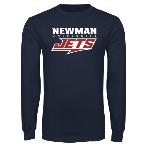  Navy Long Sleeve T-Shirt - Newman Wordmark and Jets Wordmark Hybrid