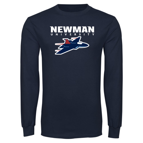  Navy Long Sleeve T-Shirt - Newman Wordmark and Jet Icon Logo Hybrid