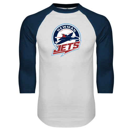  White/Navy Raglan Baseball T Shirt - Newman University Jets Full Primary Mark