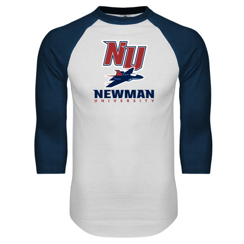  White/Navy Raglan Baseball T Shirt - NU Jet and Newman Hybrid Mark Vertical