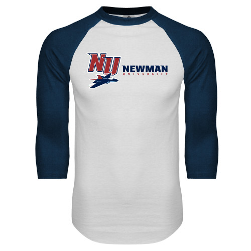  White/Navy Raglan Baseball T Shirt - NU Jet and Newman Hybrid Mark Horizontal