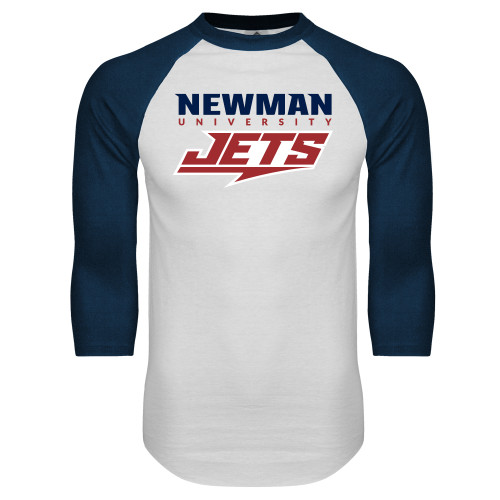  White/Navy Raglan Baseball T Shirt - Newman Wordmark and Jets Wordmark Hybrid