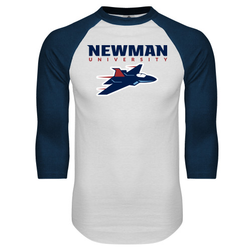  White/Navy Raglan Baseball T Shirt - Newman Wordmark and Jet Icon Logo Hybrid