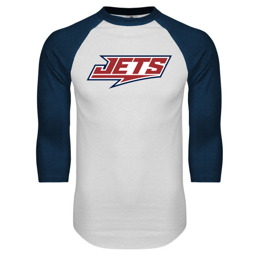  White/Navy Raglan Baseball T Shirt - Jets Wordmark