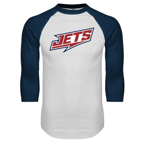  White/Navy Raglan Baseball T Shirt - Jets Wordmark Slanted