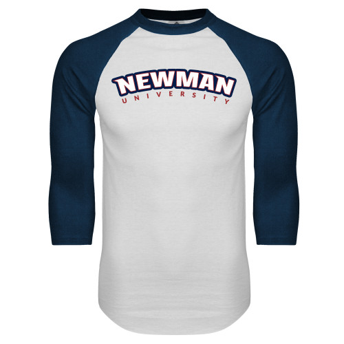  White/Navy Raglan Baseball T Shirt - Newman University Wordmark Arched
