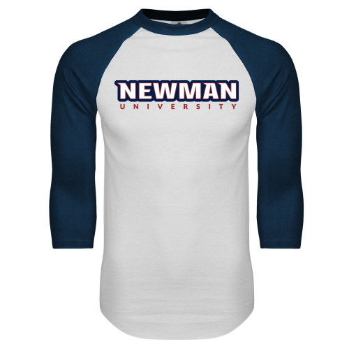  White/Navy Raglan Baseball T Shirt - Newman University Wordmark