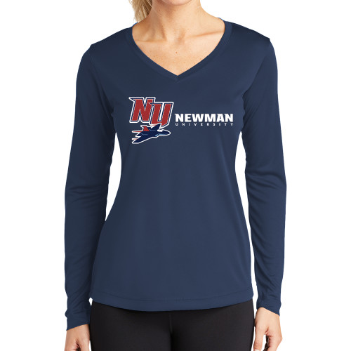  Womens Navy Performance Long Sleeve V Neck Shirt - NU Jet and Newman Hybrid Mark Horizontal