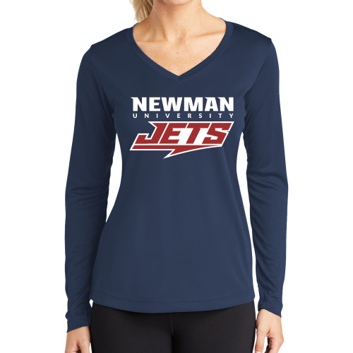  Womens Navy Performance Long Sleeve V Neck Shirt - Newman Wordmark and Jets Wordmark Hybrid