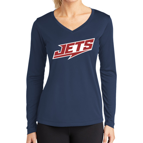  Womens Navy Performance Long Sleeve V Neck Shirt - Jets Wordmark Slanted