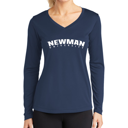  Womens Navy Performance Long Sleeve V Neck Shirt - Newman University Wordmark Arched