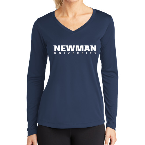  Womens Navy Performance Long Sleeve V Neck Shirt - Newman University Wordmark