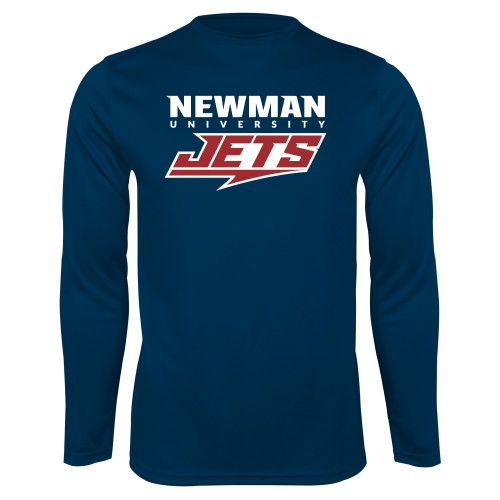  Navy Performance Long Sleeve Shirt - Newman Wordmark and Jets Wordmark Hybrid
