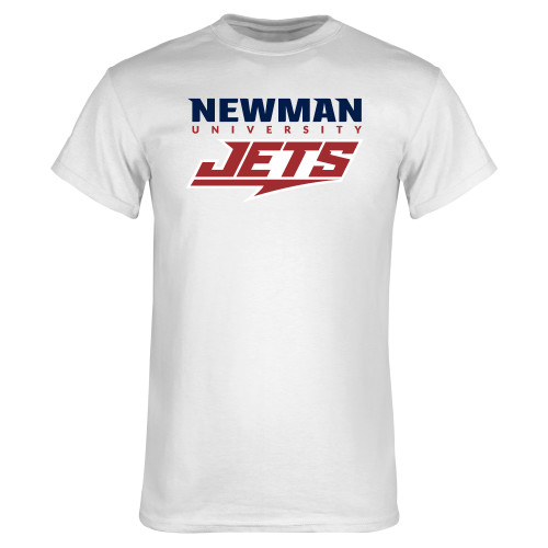  White T Shirt - Newman Wordmark and Jets Wordmark Hybrid