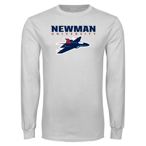  White Long Sleeve T Shirt - Newman Wordmark and Jet Icon Logo Hybrid