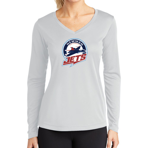  Womens White Performance Long Sleeve V Neck Shirt - Newman University Jets Full Primary Mark