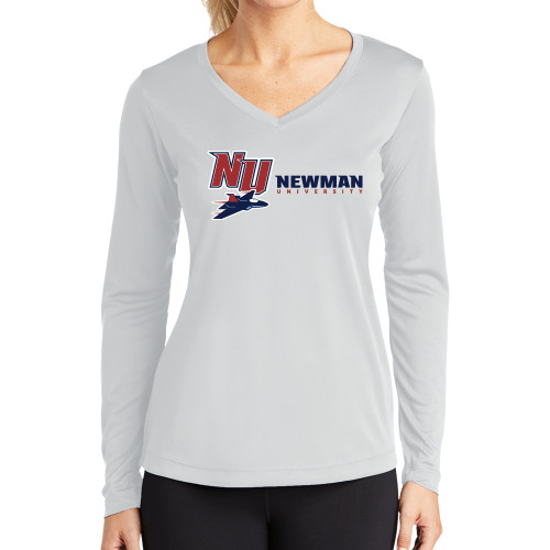  Womens White Performance Long Sleeve V Neck Shirt - NU Jet and Newman Hybrid Mark Horizontal