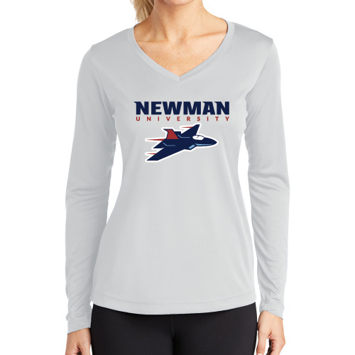  Womens White Performance Long Sleeve V Neck Shirt - Newman Wordmark and Jet Icon Logo Hybrid