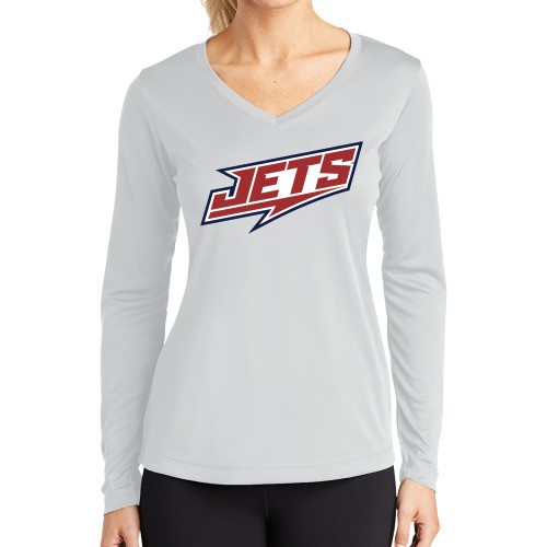  Womens White Performance Long Sleeve V Neck Shirt - Jets Wordmark Slanted