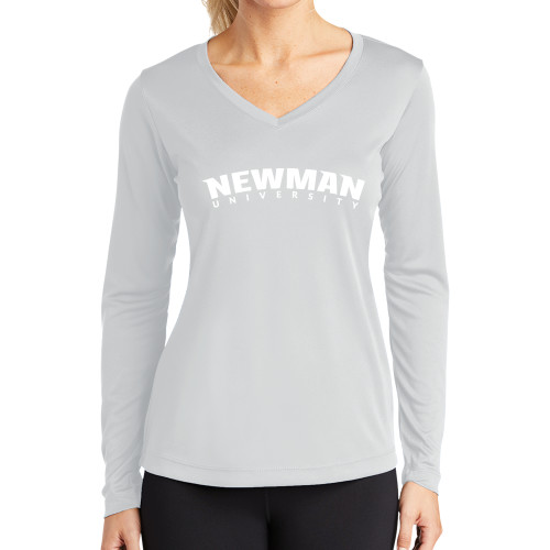  Womens White Performance Long Sleeve V Neck Shirt - Newman University Wordmark Arched