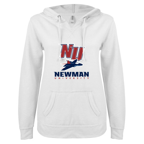  ENZA Womens White V Notch Raw Edge Fleece Hoodie - NU Jet and Newman Hybrid Mark Vertical