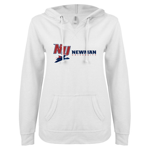  ENZA Womens White V Notch Raw Edge Fleece Hoodie - NU Jet and Newman Hybrid Mark Horizontal