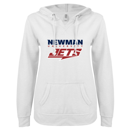  ENZA Womens White V Notch Raw Edge Fleece Hoodie - Newman Wordmark and Jets Wordmark Hybrid