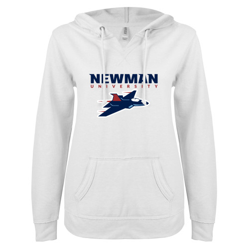  ENZA Womens White V Notch Raw Edge Fleece Hoodie - Newman Wordmark and Jet Icon Logo Hybrid