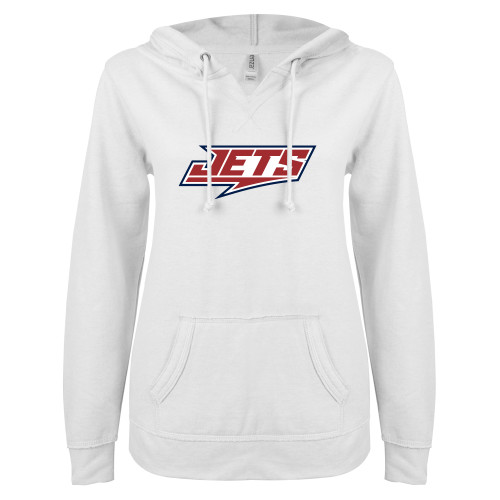  ENZA Womens White V Notch Raw Edge Fleece Hoodie - Jets Wordmark