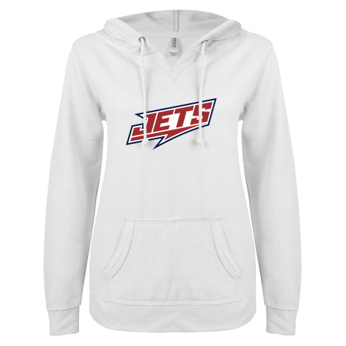  ENZA Womens White V Notch Raw Edge Fleece Hoodie - Jets Wordmark Slanted