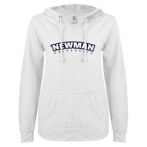  ENZA Womens White V Notch Raw Edge Fleece Hoodie - Newman University Wordmark Arched