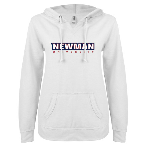  ENZA Womens White V Notch Raw Edge Fleece Hoodie - Newman University Wordmark