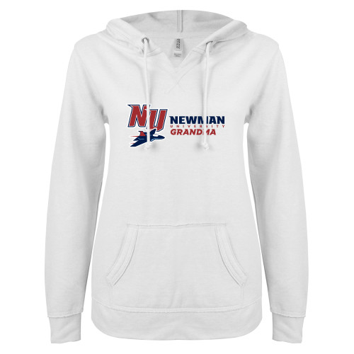  ENZA Womens White V Notch Raw Edge Fleece Hoodie - Newman University Grandma