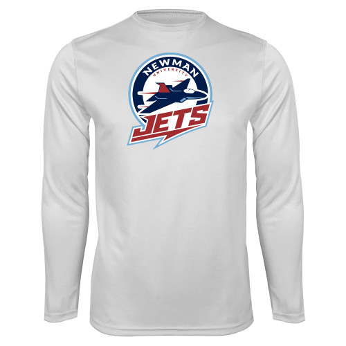  White Performance Long Sleeve Shirt - Newman University Jets Full Primary Mark