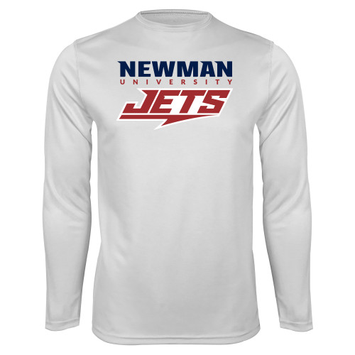  White Performance Long Sleeve Shirt - Newman Wordmark and Jets Wordmark Hybrid