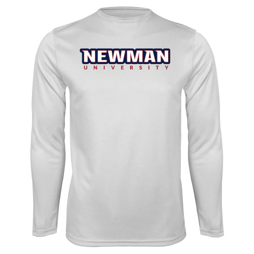 White Performance Long Sleeve Shirt - Newman University Wordmark