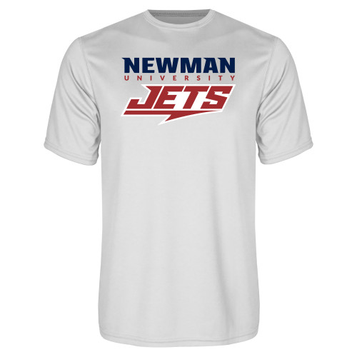  White Performance Tee - Newman Wordmark and Jets Wordmark Hybrid