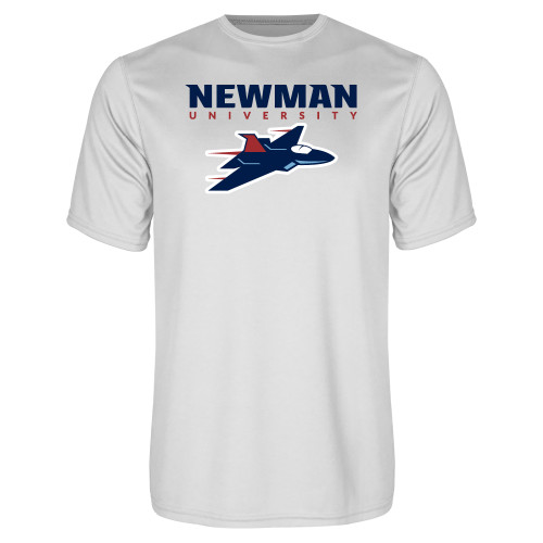  White Performance Tee - Newman Wordmark and Jet Icon Logo Hybrid