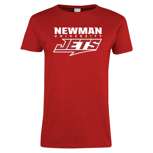  Womens Short Sleeve Red Tee - Newman Wordmark and Jets Wordmark Hybrid