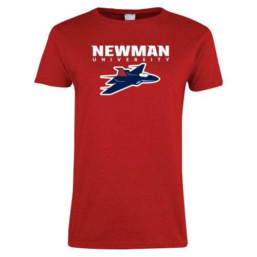  Womens Short Sleeve Red Tee - Newman Wordmark and Jet Icon Logo Hybrid